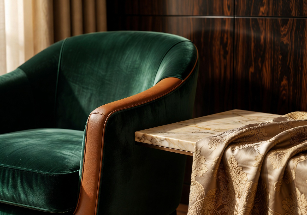Close up detail of luxury interior design materials and furniture